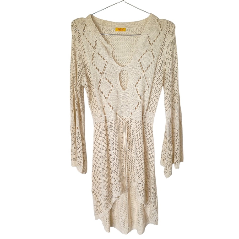 S&S Cream Crochet Knit Tunic Dress Boho‎ Bell Sleeve High Low Drawstring Waist